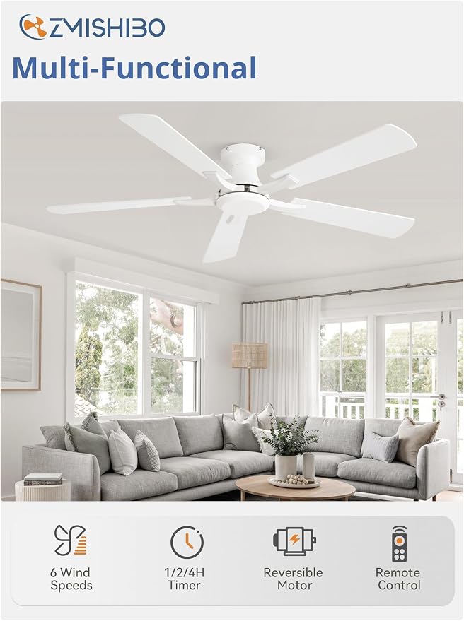 ZMISHIBO 52 Inch Ceiling Fan No Light, Flush Mount Low Profile, Modern White Ceiling Fan Without Light, Remote Control & Quiet DC Motor, for Indoor&Outdoor, Bedroom, Living Room