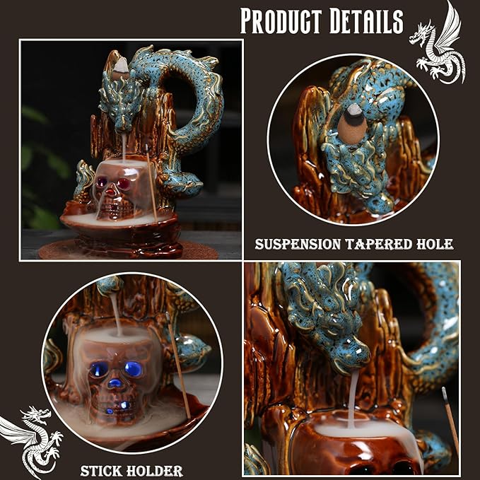 Skull Dragon Incense Burner Holder - LED Backflow Waterfall Cone Incense Holder, Ceramic Unique Skeleton Burner with Cones & Sticks for Halloween/Aromatherapy/Yoga/Home/Room/Office Deco