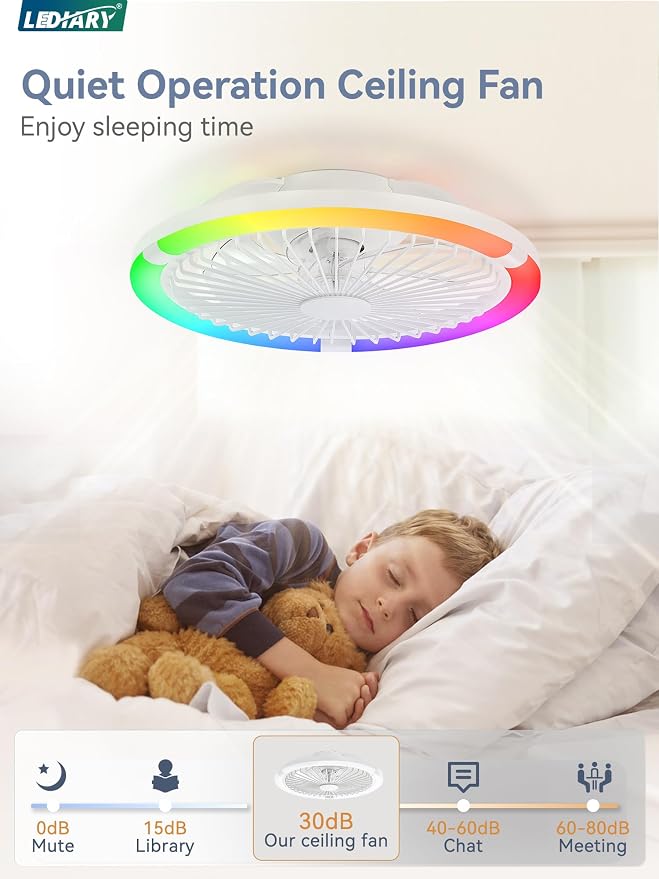 LEDIARY 20" Bladeless Ceiling Fan with Light,Low Profile LED Ceiling Fans with Remote & Smart APP Control, Modern Enclosed Flush Mount Fandelier, 3000-6000K,Bedroom,Kids Room-White RGB