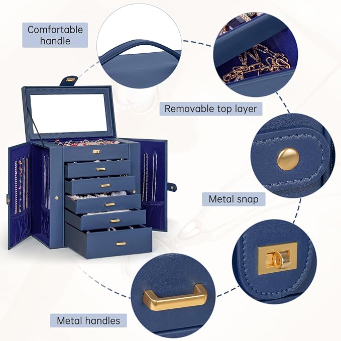 AKOZLIN 6-Tier Jewelry Box Organizer Functional 5 Drawers Leather Jewelry Storage Case for Women Girls Ring Necklace Earring Bracelet Holder Organizer with Mirror Extra Large Blue