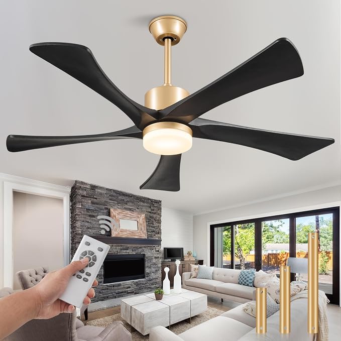 52" Black and Gold Ceiling Fan with Lights and Remote, Outdoor Ceiling Fan for Patios, USA Original Patent, ETL Listed, 5 Blade, 3 Downrods, 6 Speeds Reversible DC Motor Fan, 52", Gold Black