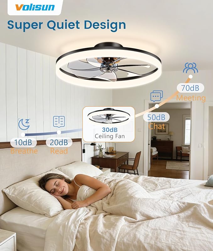 VOLISUN Low Profile Ceiling Fans with Lights and Remote, 27.6in Fandelier Ceiling Fan Flush Mount, 3000K-6500K Smart Bladeless LED Fan Light, Black Modern Ceiling Fans with Lights for Bedroom