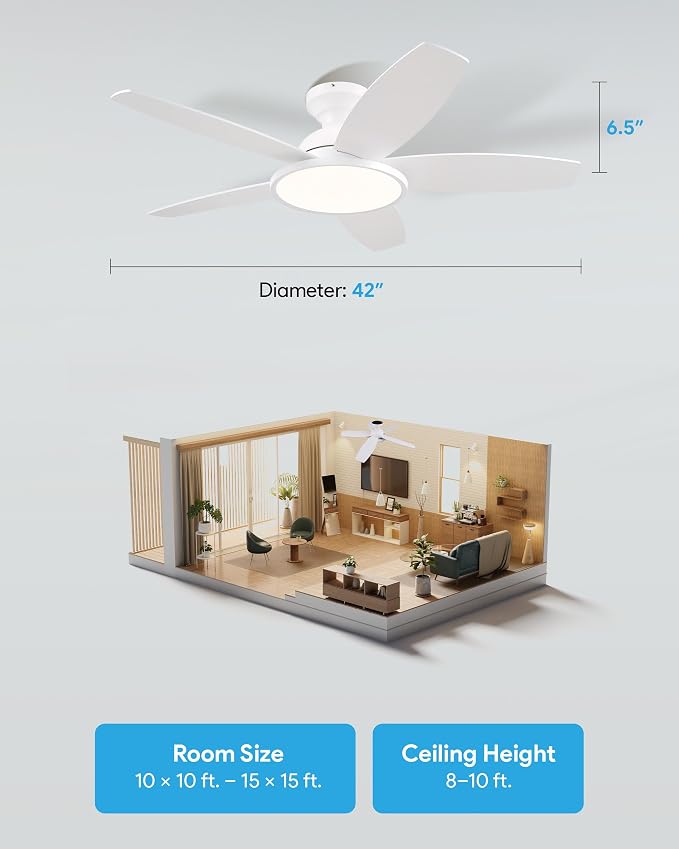 VONLUCE Ceiling Fans with Lights, 42 Inch Ceiling Fan and Remote, Full-spectrum LED Light, 3CCT, 6-Speeds Noiseless Reversible DC Motor, Modern Flush Mount Ceiling Fan for Farmhouse Bedroom Indoor