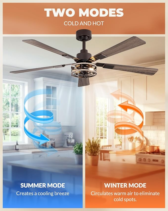 52 Inch Ceiling Fans with Lights and Remote, Farmhouse Caged Flush Mount Ceiling Fan with 6 Speeds Bladeless for Living Room Bedroomm, E12 Base, Quiet and Reversible DC Motor, Walnut