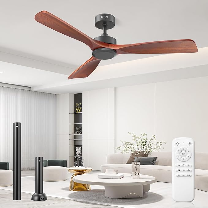 52 Inch Ceiling Fans with Remote no Light, Solid Wood 3 Blade Modern Ceiling Fan, Quiet DC Motor, 6 Speeds, Dimmable LED, Timer, Indoor & Covered Outdoor Living Room, Bedroom, Patio (Dark Wood)