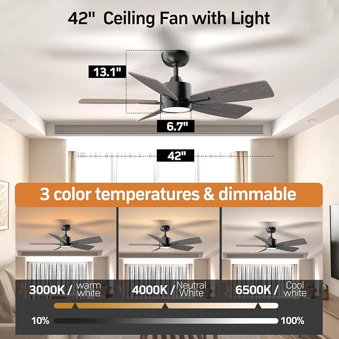 TALOYA 42 Inch Ceiling Fans with Lights Led Remote Control Low Profile Flush Mount for Bedroom Home Outdoor Patio Living Room,3 Color Temperatures,Dimmable,DC Motor,Reversible,5 Blades,Black Walnut