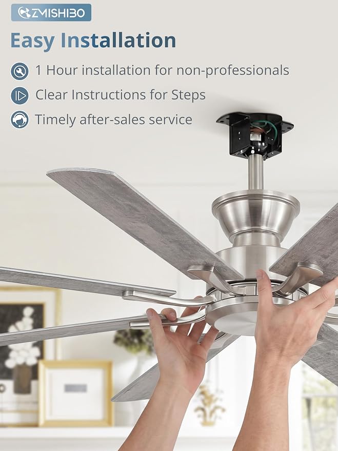 ZMISHIBO 52 inch Ceiling Fan no Light, 8 Blades Brushed Nickel Ceiling Fans without lights, Quiet Rerverible DC Motor, 6speeds, for Bedroom, Living Room, Home Office and Patio