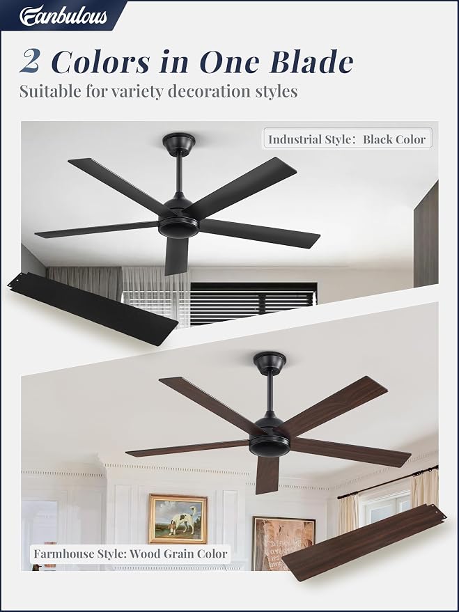 Fanbulous 52 Inch Ceiling Fans No Light with Remote, Black Indoor/Outdoor Ceiling Fan Without Light with Quiet Reversible DC Motor, 6 Speeds, 5 Blades Modern Ceiling Fan for Living Room Bedroom Patio