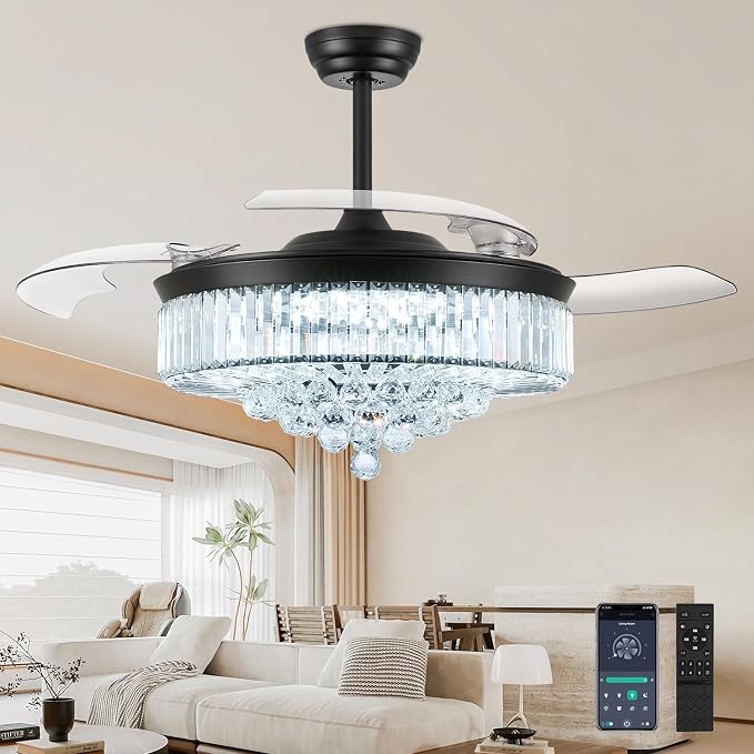 FIDGRA 52 Inch Fandelier Ceiling Fan with Light, Retractable Chandelier Fan, 3 Color Temperature, 6 Wind Speed, Crystal Ceiling Fan for Bedroom Living Room Dining Room-Black