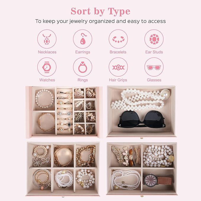 Dajasan Large Jewelry Box Organizer, Jewelry Storage with 3 Drawers, Huge Jewelry Box with Mirror, Gift Idea for Women, Girls, Double Door, Textured PU Leather Surface, Stylish (Pink + Gold)