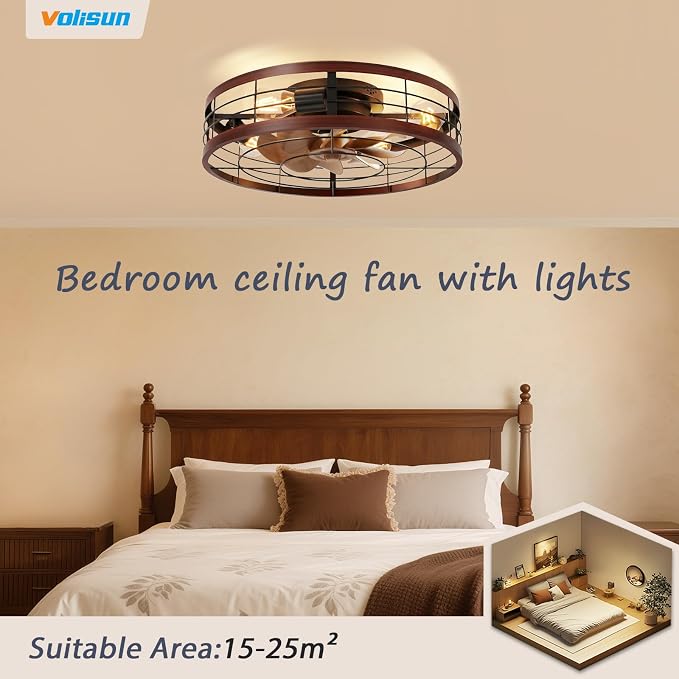 VOLISUN Farmhouse Caged Ceiling Fans with Lights Flush Mount, 19.7'' Rustic Low Profile Ceiling Fan with Light and Remote, Bladeless Fandelier Ceiling Fans with Lights for Kitchen, Bedroom(Wood)