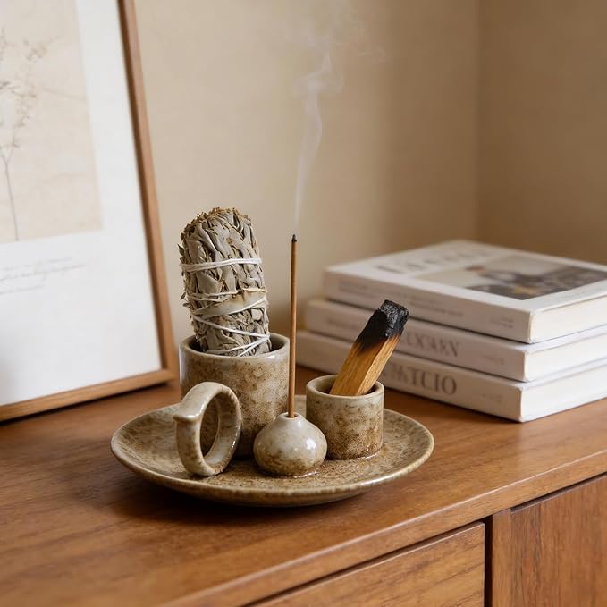 Tnstbiee 4.1-Inch 5-in-1 Ceramic Smudge Bowl-Versatile Incense Stick Holder and Smudging Dish for Palo Santo and Sage–Ideal for Zen Altar, Meditation,Yoga, and Aromatherapy–Easy to Clean Brown Design