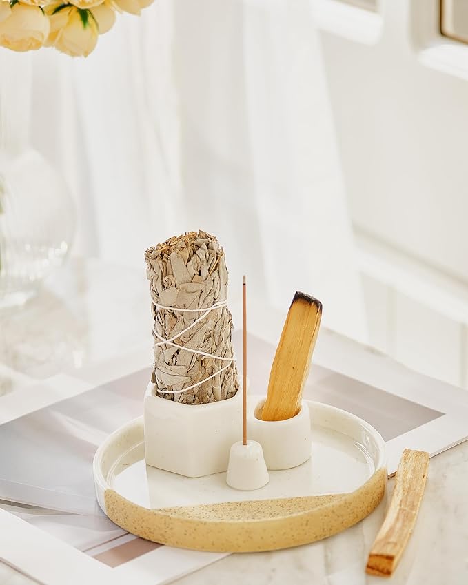 4 in 1 Incense Holder, 5.6" Ceramic Smudge Tray, Sage Holder, Palo Santo Holder, Incense Holder for Sticks, Smudging Burner, Ideal for Smudging Meditation Yoga Room, Simple, Sturdy