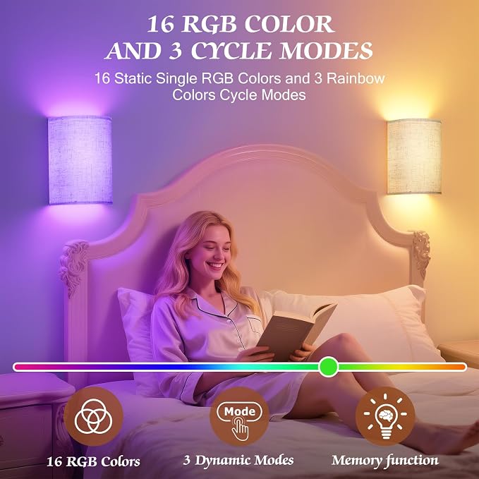 OCATO Battery Operated Wall Sconce: Wireless Wall Sconces Set of Two Magnetic Lamp Rechargeable Lights Dimmable with 16 RGB Colors Fabric Linen Shade with Remote Walls Decor for Bedroom Living Room