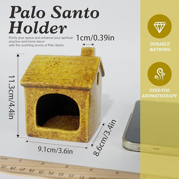 Mougigi Yellow House Palo Santo Burner Holder - Mini Ceramic Chiminea with Stable Base,Smudge Bowl for Burning Sage &Incense Cones-Perfect for Meditation,Yoga Spaces,Spiritual Altars,Home Decor& Gifts