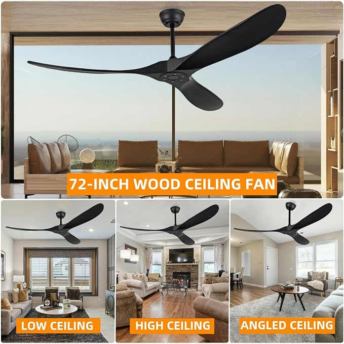 72 Inch Outdoor Ceiling Fan Without Light with Remote Control, Large Ceiling Fan Without Light, 3 Solid Wood Leaf Ceiling Fans, Suitable for Terrace, Living Room, Farmhouse(Black, 72 inch)