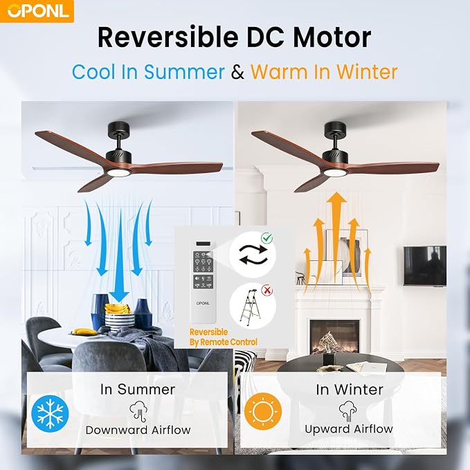 OPONL Ceiling Fan with Light, Ceiling fan with Light and Remote Control, Reversible, 6CCT, Dimmable, Noiseless, Ceiling Fan for Bedroom, Indoor/Outdoor Use, Black, 52 inch, Wood