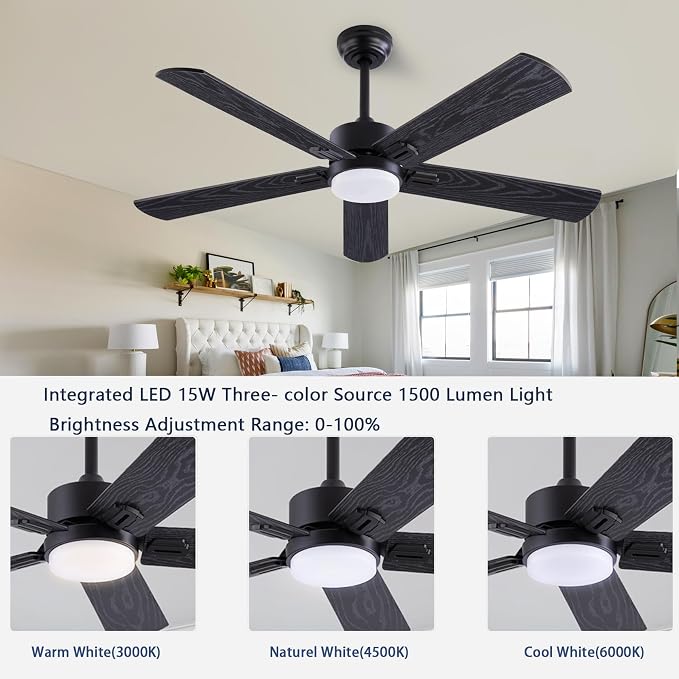 QUTWOB 52" Ceiling Fans with Light and Remote,Farmhouse 5 Blades Quiet Reversible DC Motor Ceiling Fans for Modern Indoor/Outdoor/Patio/Living Room/Bedroom(Black/Walnut)