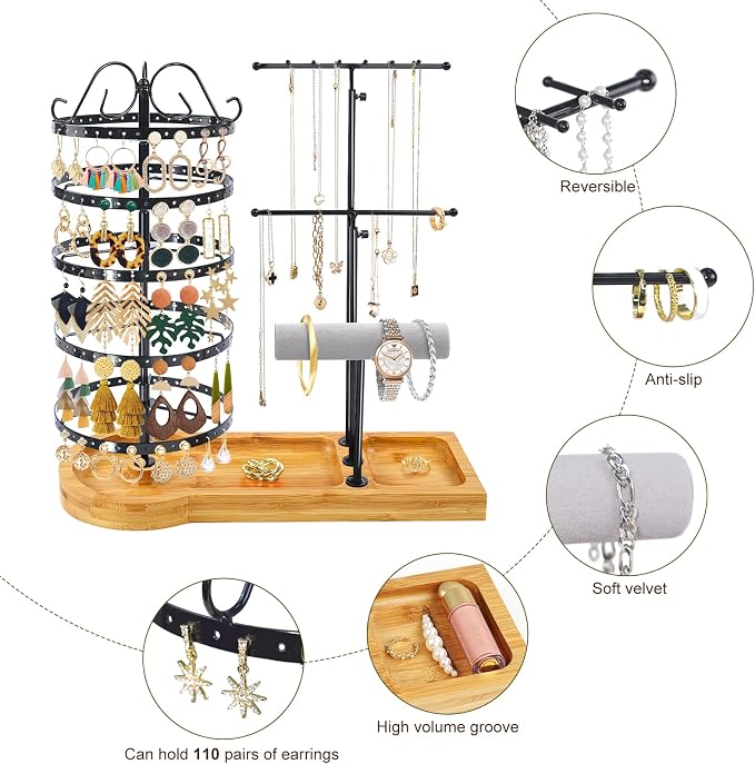Jewelry Organizer Stand with Bamboo Base, Metal Rotating Earring Holder Organizer, Multi-Functional Adjustable Necklace Holder Rack Bracelet Watch Holder for Jewelry Earrings Ring
