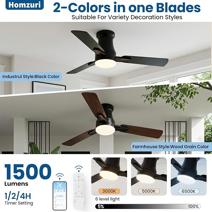42 Inch Ceiling Fans with Lights, Fast Install Ceiling fan with Light and Remote/APP Control, 3CCT, Dimmable, Noiseless DC Reversible Motor, 3 Blades Black Ceiling Fan for Bedroom Outdoor