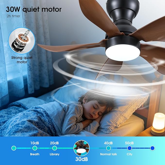 Kviflon Ceiling Fans with Lights and Remote/APP Control, 30 inch Low Profile Ceiling Fans with 5 Reversible Blades 3 Colors Dimmable 6 Speeds Ceiling Fan for Bedroom Dining Room, Wood Color