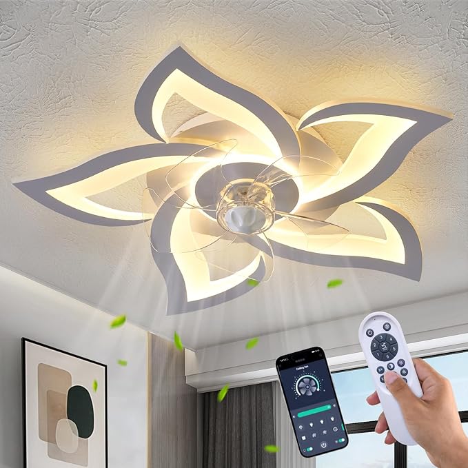 Dalouguan Flush Mount Ceiling Fan with Lights, 24" White Ceiling Fan with Light Remote Control, 6 Speeds 3 Light Color Low Profile Flush Mount Ceiling Fan for Kitchen Bedroom