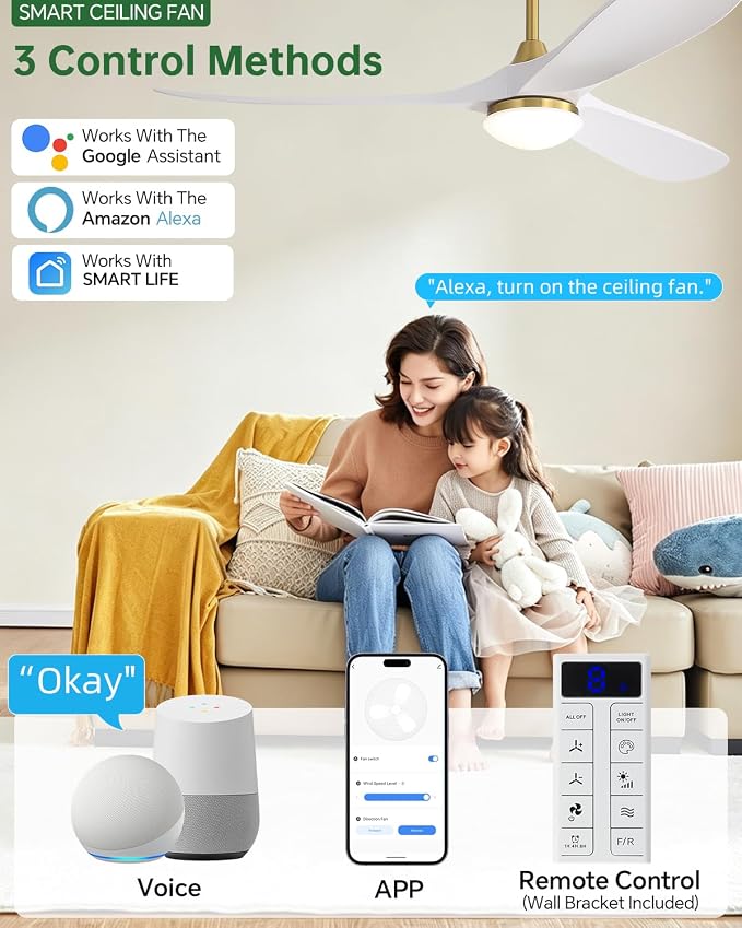 Sofucor 60 Inch Smart Ceiling Fan with Lights, ABS Blade, Golden & White | Alexa/Google/APP/Remote Control, Quiet DC Motor, Timer, 3CCT, Dimmable, Indoor Outdoor Bedroom/Living Room/Patio/Kitchen