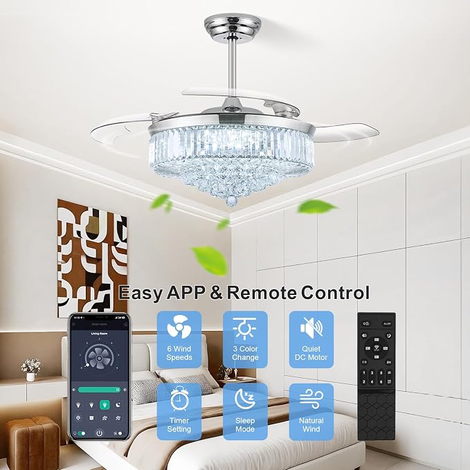 52 Inch Fandelier Ceiling Fan with Light, Chandelier Ceiling Fan for Bedroom Living Room, 3 Color Temperature, 6 Wind Speed. Reversible Motor, Memory Function-Chrome