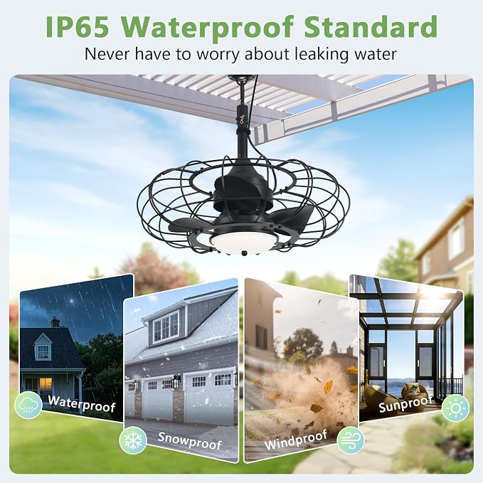 AHAWILL 20" Black Outdoor Ceiling Fan with Light and Remote/APP,3CCT 6 Speed Gazebo Fan Outdoor Hanging Hook,IP65 Waterproof Plug in Ceiling Fan for Patios, Garage, Porch, Pergola,Canopy