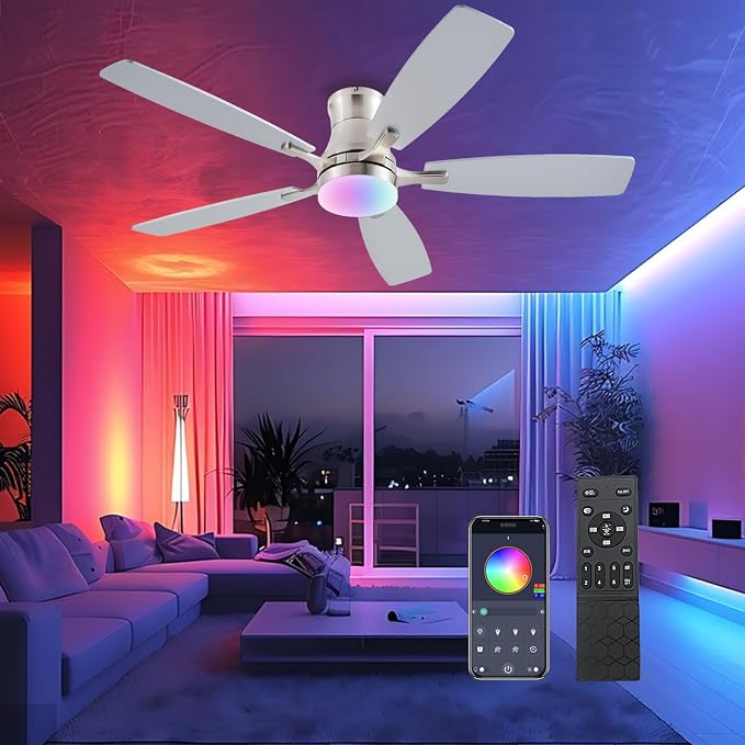 FUMLTP Ceiling Fans with Lights, 54inch RGB Low Profile Ceiling Fan with Light and Remote/App Control, Flush Mount, Dimmable, Reversible DC Motor, Noiseless, 6 Speeds Nickel Ceiling Fan for Bedroom