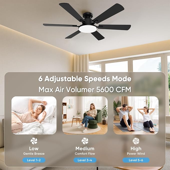 52 Inch Ceiling Fans with Lights, 6 Double Sided Blades, Ultra Quiet Reversible DC Motor, Remote & APP Control, 6 Speeds, 3CCT Dimmable LED with Memory Function, Flush Mount for Living Room, Black