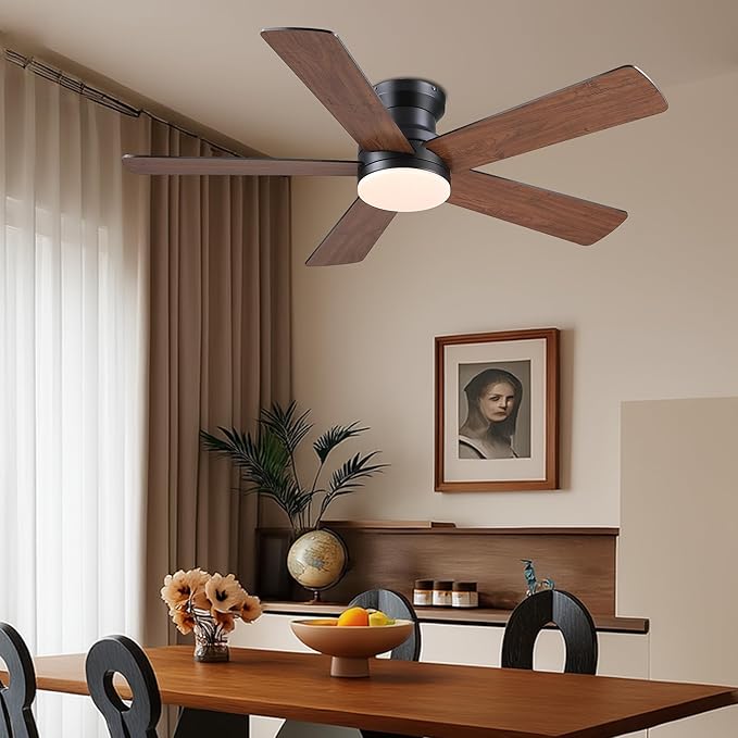 Ayaoty Flush Mount Ceiling Fan with Light and Remote/APP - 48" Low Profile Ceiling Fan with 3CCT Dimmable, 5 Reversible Blades, Modern Indoor Fan Light Fixtures for Bedroom, Kitchen