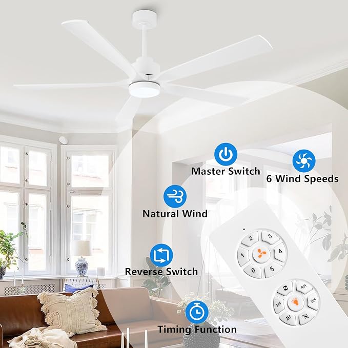 ELEHINSER 60" Modern Ceiling Fan with Lights and Remote Control, 5 Solid Wood Blades 6-Speed Noiseless Reversible DC Motor, Ceiling Fan for Bedroom Dinning Living Room, White