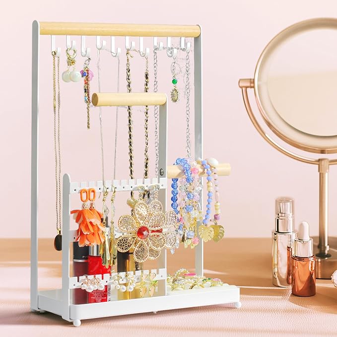 coobest Jewelry Holder Organizer Stand, Jewelry Display Rack with 36 Holes Earring Holder, 10 Hooks Necklace Organizer, Velvet Ring Holder Dish, Birthday Gifts Ideas for Mom Women Room Decor