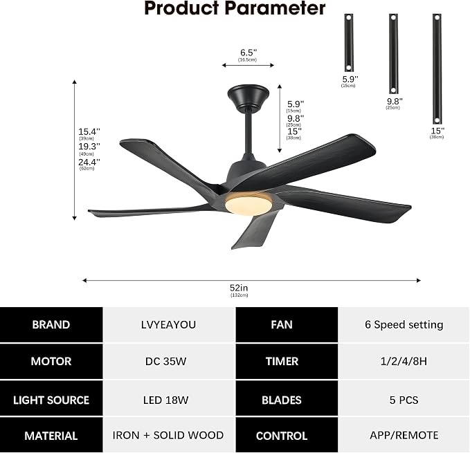 Ceiling Fan with Light, 52 Inch Solid Wood Ceiling Fans, Remote and APP Control, 3-color Dimmable, DC Motor, 6-speed Reversible, for Bedroom, Living Room, Black