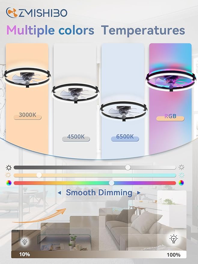 ZMISHIBO RGB Ceiling Fans with Lights and Remote, 20 inch Low Profile Ceiling Fan with Light, 3000K-6000K Dimmable & RGB, Modern Fandelier Flush Mount Ceiling Fan, Small LED Fan for Bedroom