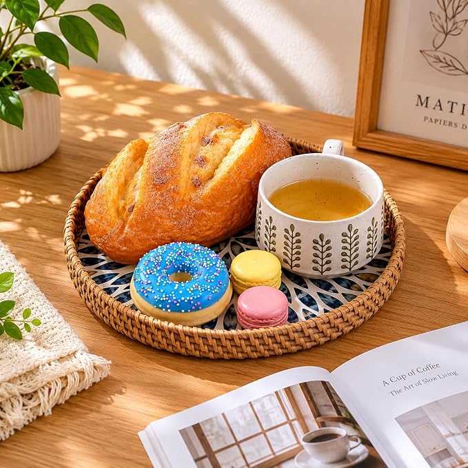 Round Rattan Tray with Mother of Pearl Inlay, Set of 3 Serving Trays for Coffee Table, Decorative Wicker Woven Ottoman Tray for Table Home Decor, Kitchen, Coffee, Bread, Fruits