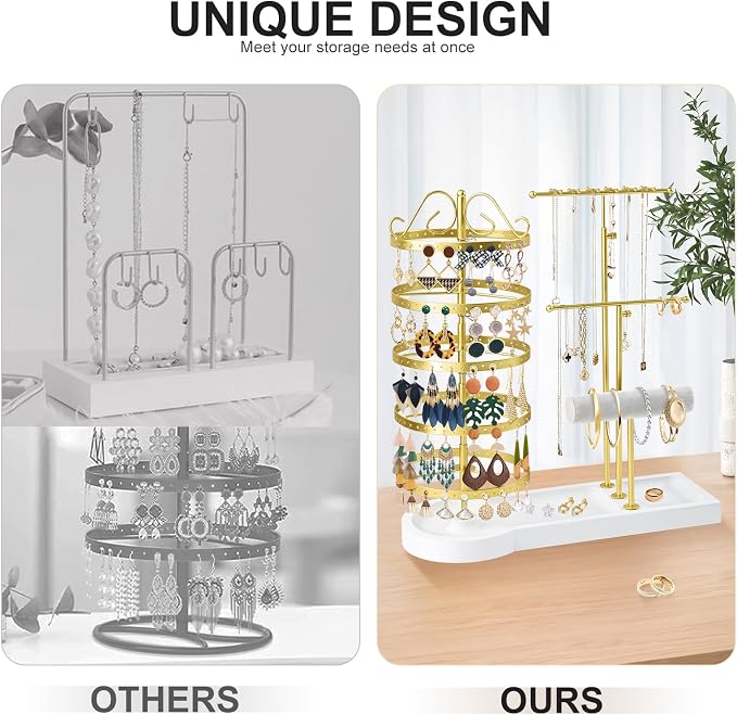 Jewelry Organizer Stand, Metal Rotating Earring Holder Organizer, Multi-Functional Adjustable Necklace Rack Holder Bracelet Watch Holder for Jewelry Earrings Ring (Gold)