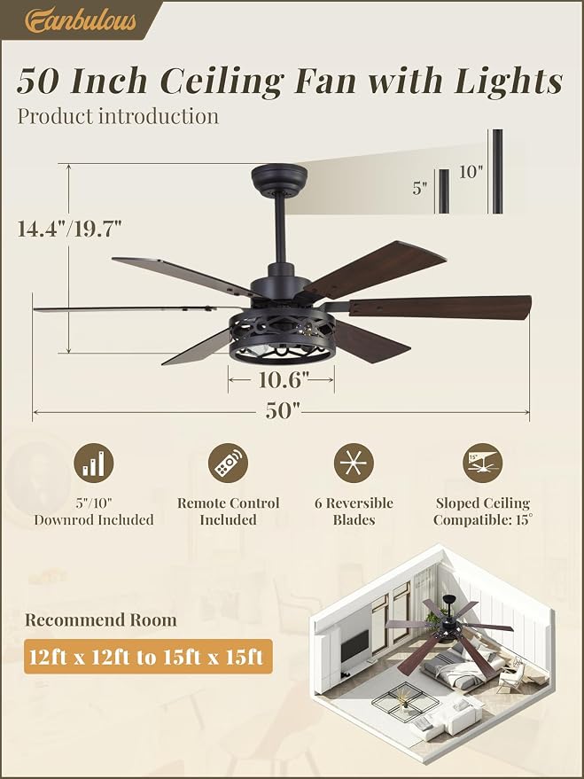 Fanbulous 50 Inch Ceiling Fan with Lights, Farmhouse Caged Ceiling Fans with Remote, Black Industrial Ceiling Fans with Quiet Reversible DC Motor, Small Ceiling Fan for Living Room, Bedroom
