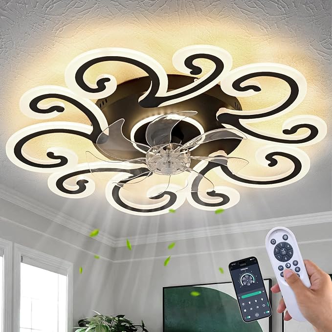 Black Flower Modern Ceiling Fans with Lights, Low Profile Ceiling Fan with Remote for Bedroom, Flush Mount Ceiling Fan with LED Dimmable Light,6-Speeds, Timing CeilingFan Light-yun