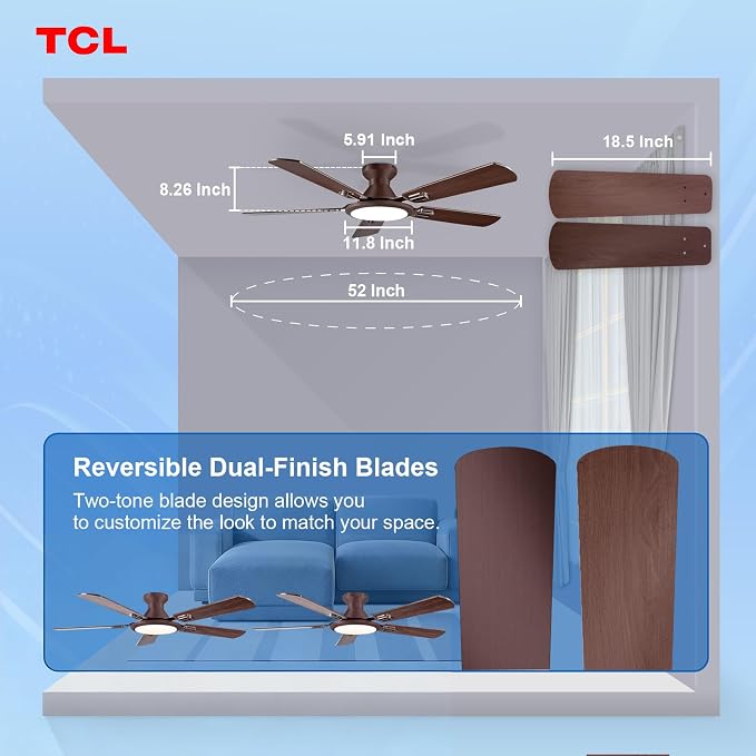 TCL 52" Ceiling Fan with Light: Wood Grain Blades Copper Bronze Finish Low Profile Ceiling Fan with Light and Remote Control Flush Mount DC Reversible Motor Noiseless 6 Speeds for Bedroom(Brown)