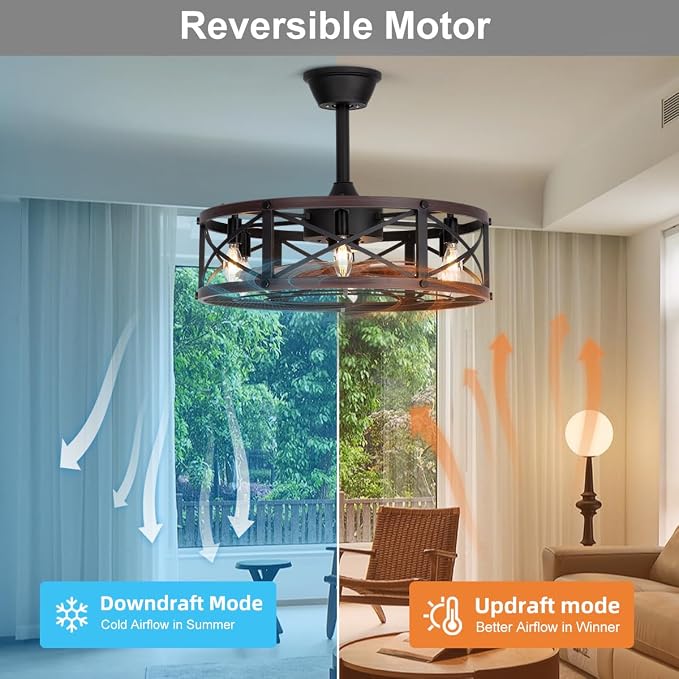 SHLUCE 22" Farmhouse Caged Ceiling Fan with Light, Rustic Fandelier Ceiling Fans with Lights and Remote, Modern Large Caged Bladeless Ceiling Fans with Lights for Kitchen, Bedroom, Brown - ETL