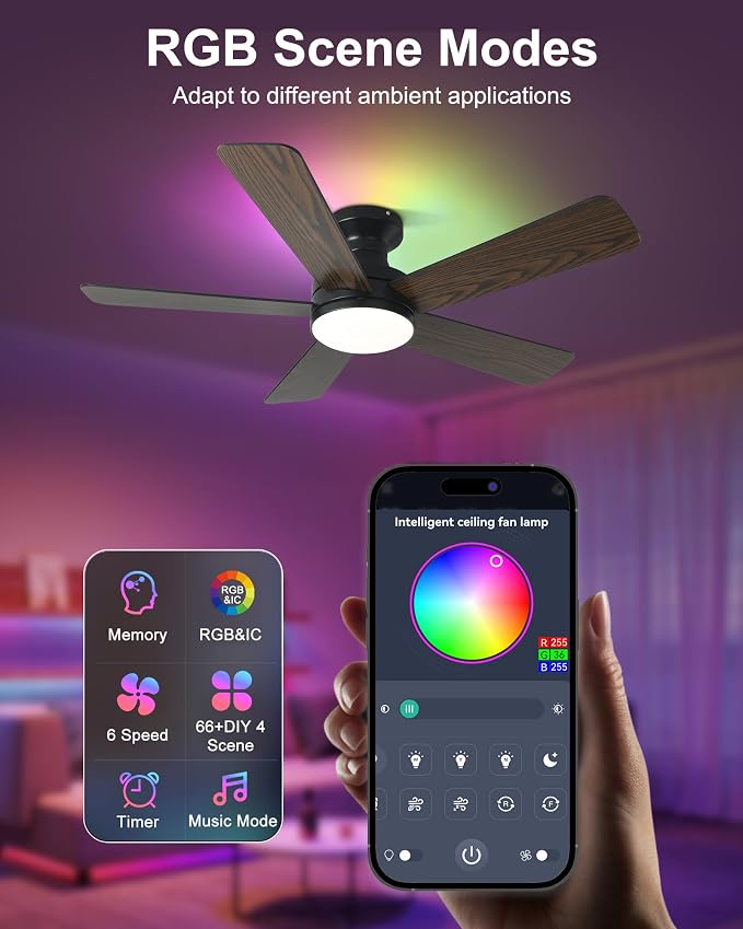 42 Inch Ceiling Fans with Lights, RGB Ceiling Fan with Light, App&Remote Control, Flush Mount Low Profile, Reversible, 3CCT, Dimmable LED, Noiseless, Black Ceiling Fan for Bedroom