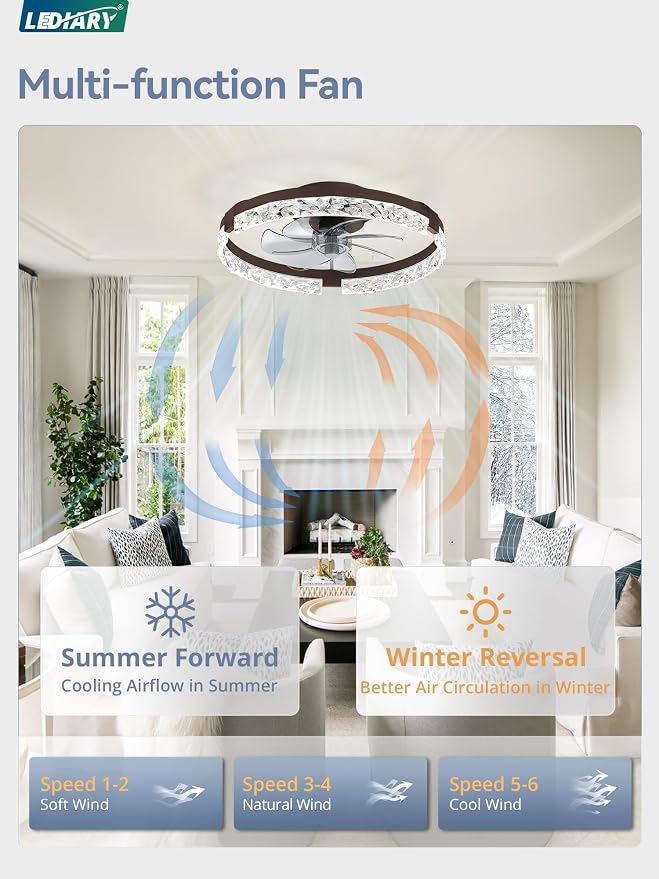 LEDIARY 20 Inch Low Profile Ceiling Fans with Lights and Remote, Fandelier Ceiling Fan Flush Mount, 3000K-6000K Dimmable LED Fan Light, Brown Modern Ceiling Fans with Lights for Bedroom