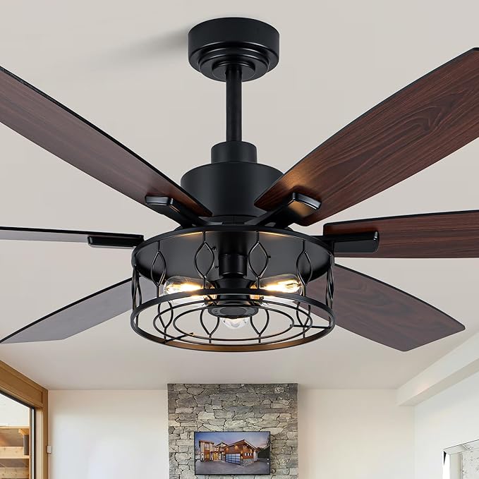 Dawn Whisper Black Ceiling Fans with Lights 60 Inch Farmhouse Ceiling Fan with Remote Quiet Reversible DC Motor 6 Speeds 8 Blades Large Industrial Chandelier Fan for Living Room Bedroom