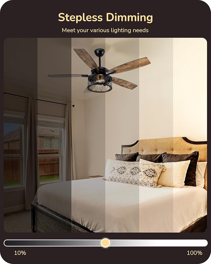 EDISHINE 52'' Farmhouse Ceiling Fans with Lights, 10%-100% Dimmable, 5 Wooden Blades, 1/2/4/6 Hour Timer, 6 Speeds Reversible DC Motor, Rustic Ceiling Fan for Living Room, Bedroom, Burnt Wood