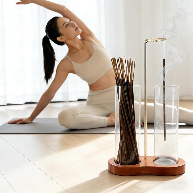 Incense Holder for Sticks 2 in 1 Incense Burner Holder with Storage & Ash Catcher Wooden Base, Glass Vessels, Metal Clip for Meditation, Yoga, Spa, Home & Garden Decor