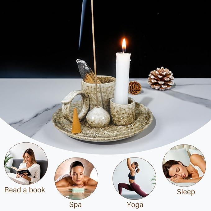 MOUGIGI 5.1Inch 5-in-1 Ceramic Smudge Bowl Brown - Incense Stick Holder, Small Candle Holder, Smudge Bowl/Dish, Fits Palo Santo, Sage.Zen Altar for Meditation/Yoga, Aromatic Scents, Easy to Clean