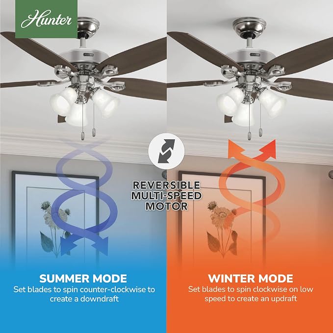 Hunter 52 inch Indoor Ceiling Fan with LED Lights - Ceiling Fan with Pull Chain, For Bedroom or Living Room, Standard Mount, No Remote, 5 Blades, Includes Bulbs - Builder Plus 53237, Brushed Nickel | with LED Lights, Standard Mount, Pull Chain, For Bed...