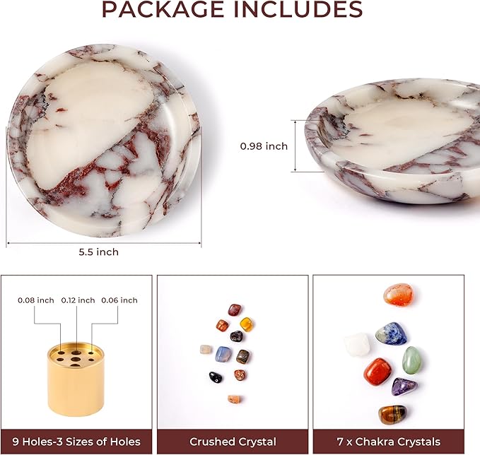 Natural Calacatta Viola Incense Holder, 5.5” Marble Incense Stick Holder with 9 Incense Holes & Crystal Stones, Handmade Incense Burner Ash Catcher for Meditation Yoga Spa Room Decor (WH094)